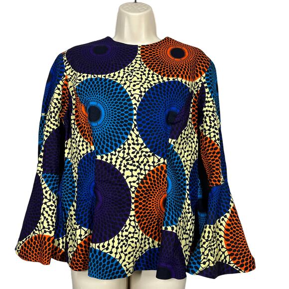 Handmade Mid Mod Peasant Top High Neck Print Bell Sleeve - L - Picture 7 of 7